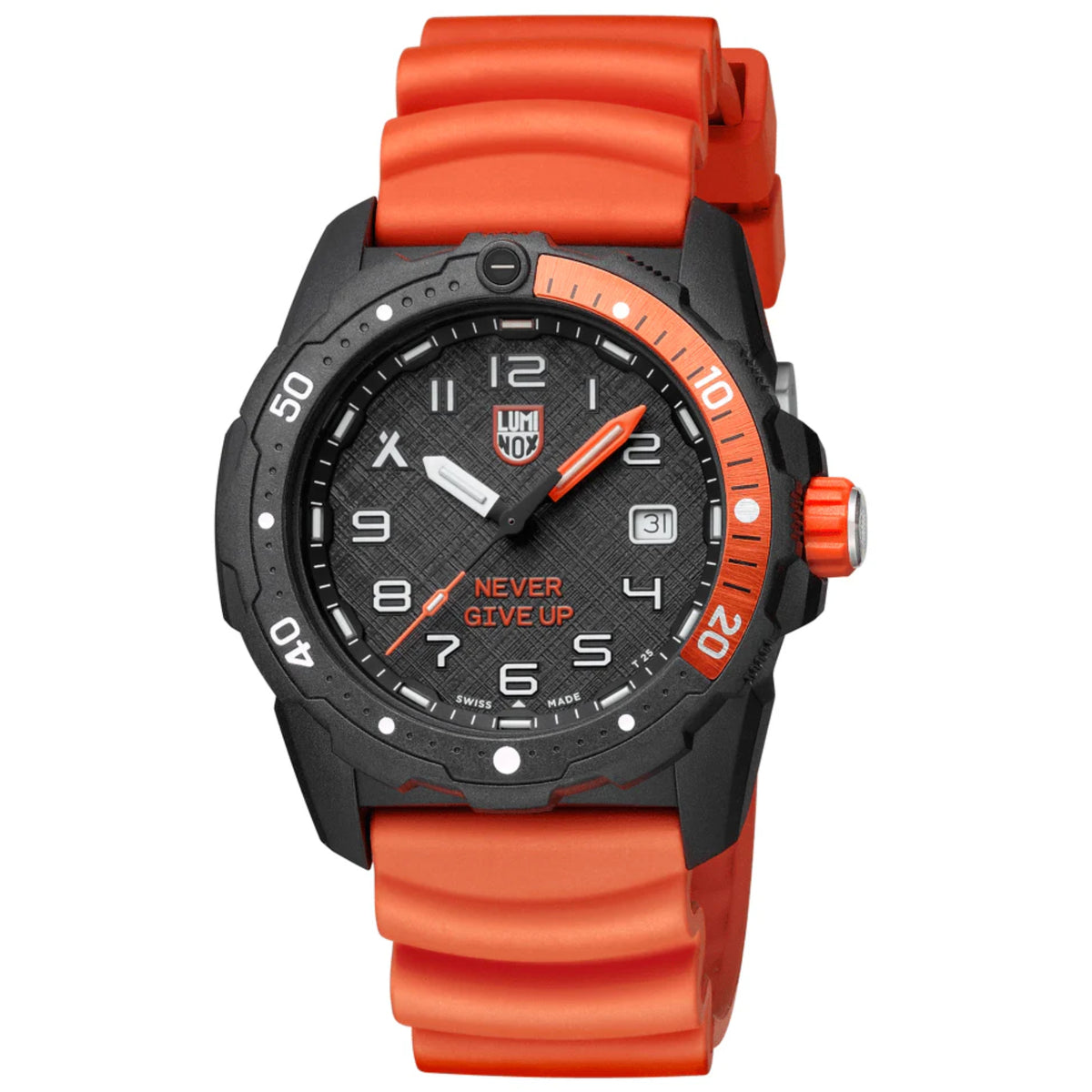 Men's quartz watch with bright orange rubber strap, black dial, and date window