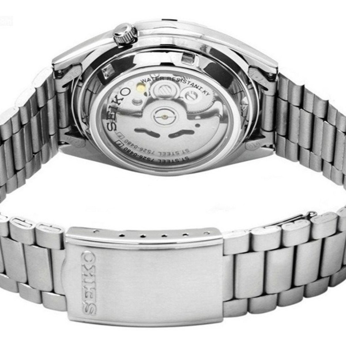 Seiko 5 watch SNXS75K1 back view with steel bracelet and round silver case