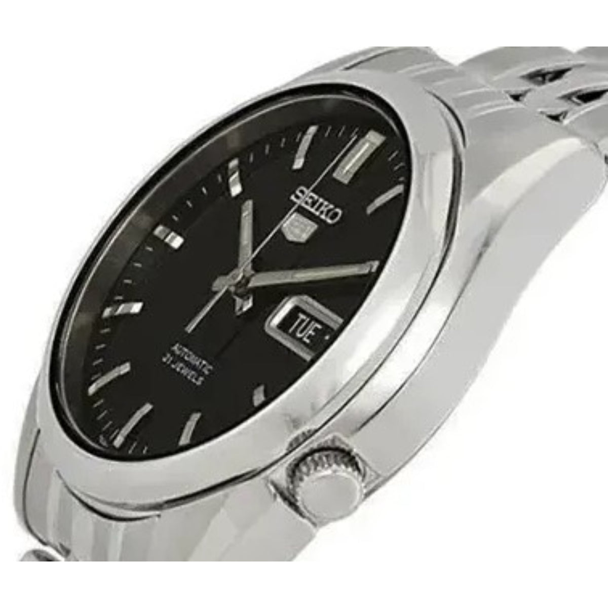 Men's stainless-steel watch close-up of black dial with date window and crown