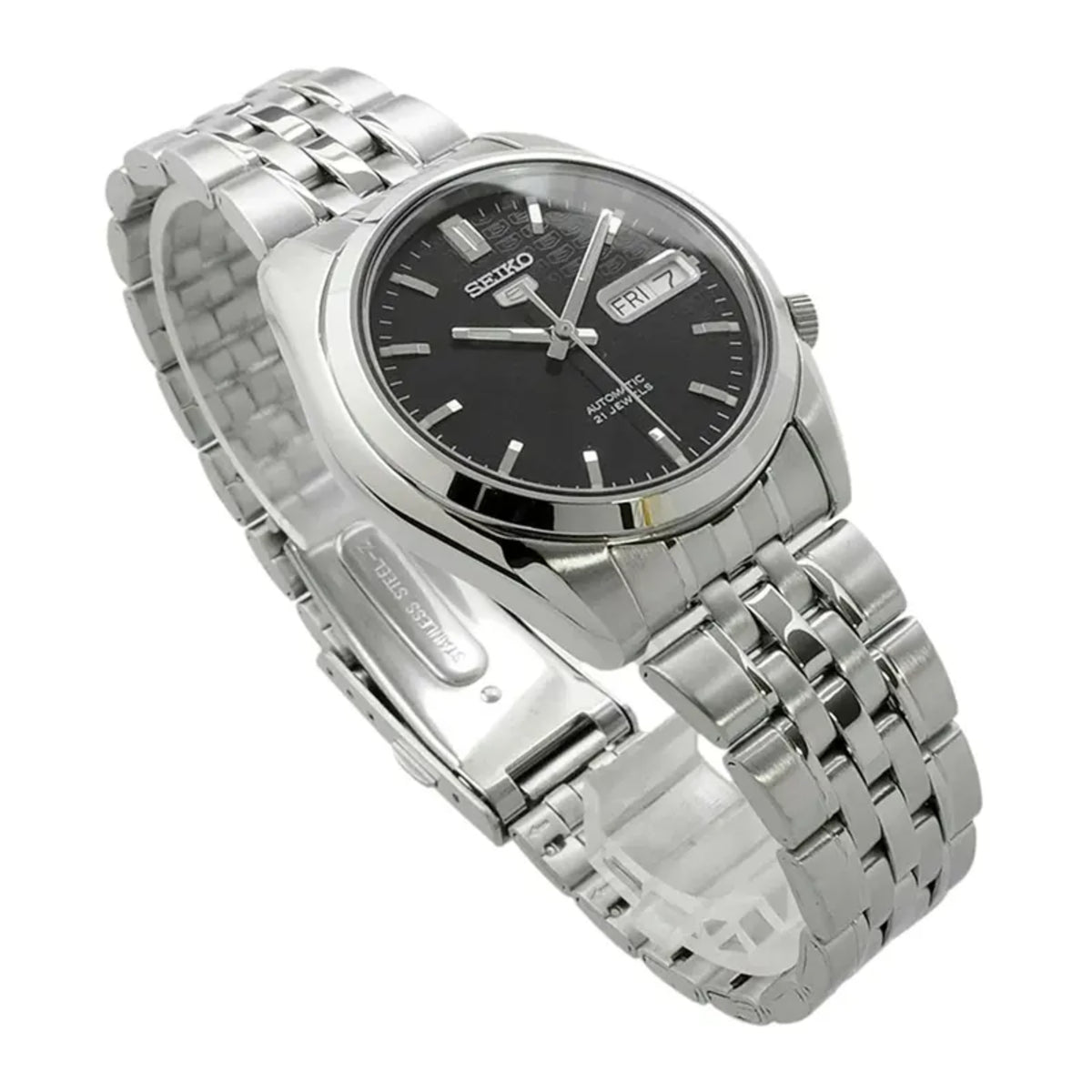 Men's stainless-steel watch with black dial and metal bracelet, hands and date window