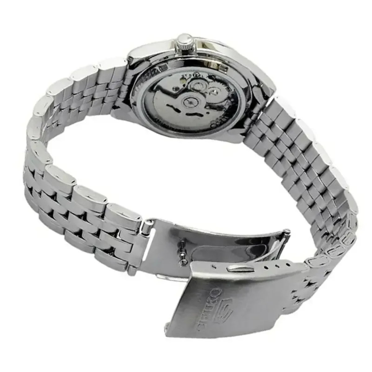 Men's stainless-steel watch caseback with visible movement and metal link bracelet