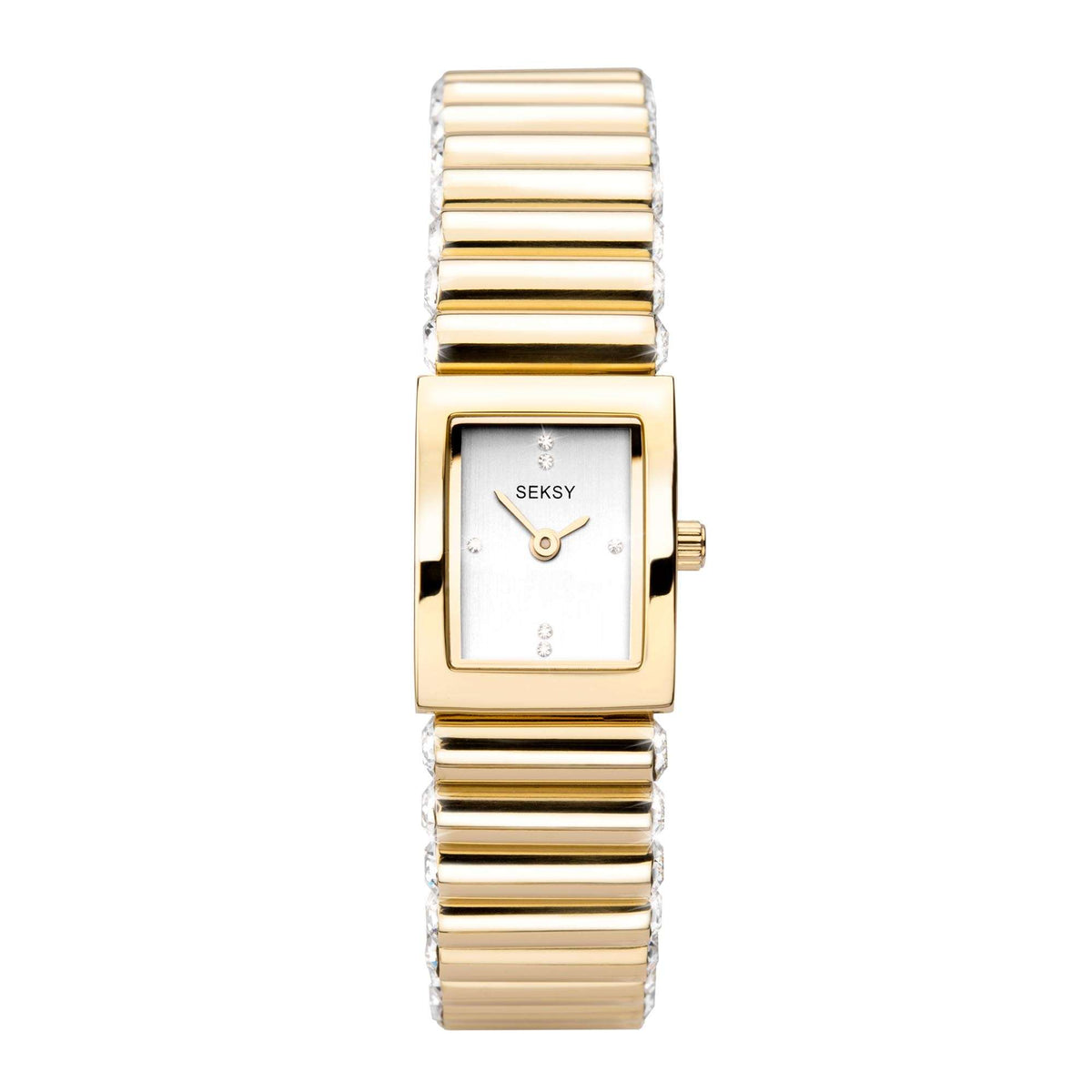 Gold PVD quartz ladies watch with rectangular white dial and crystal bracelet links