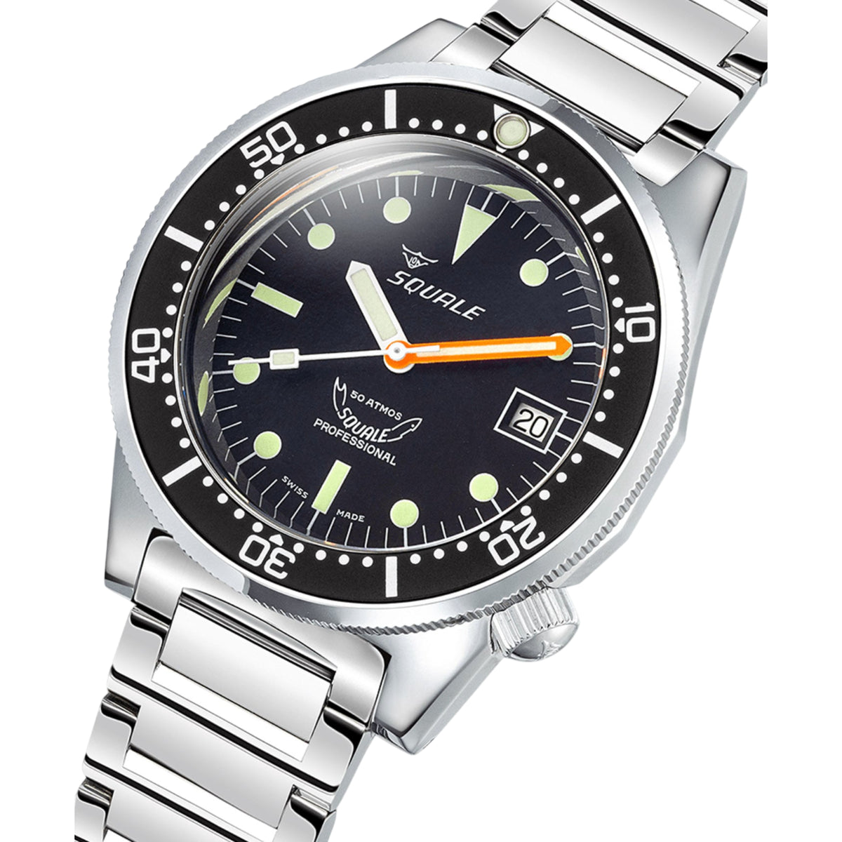 Men's diver watch close-up, black dial with SQUALE logo, green markers, orange seconds hand