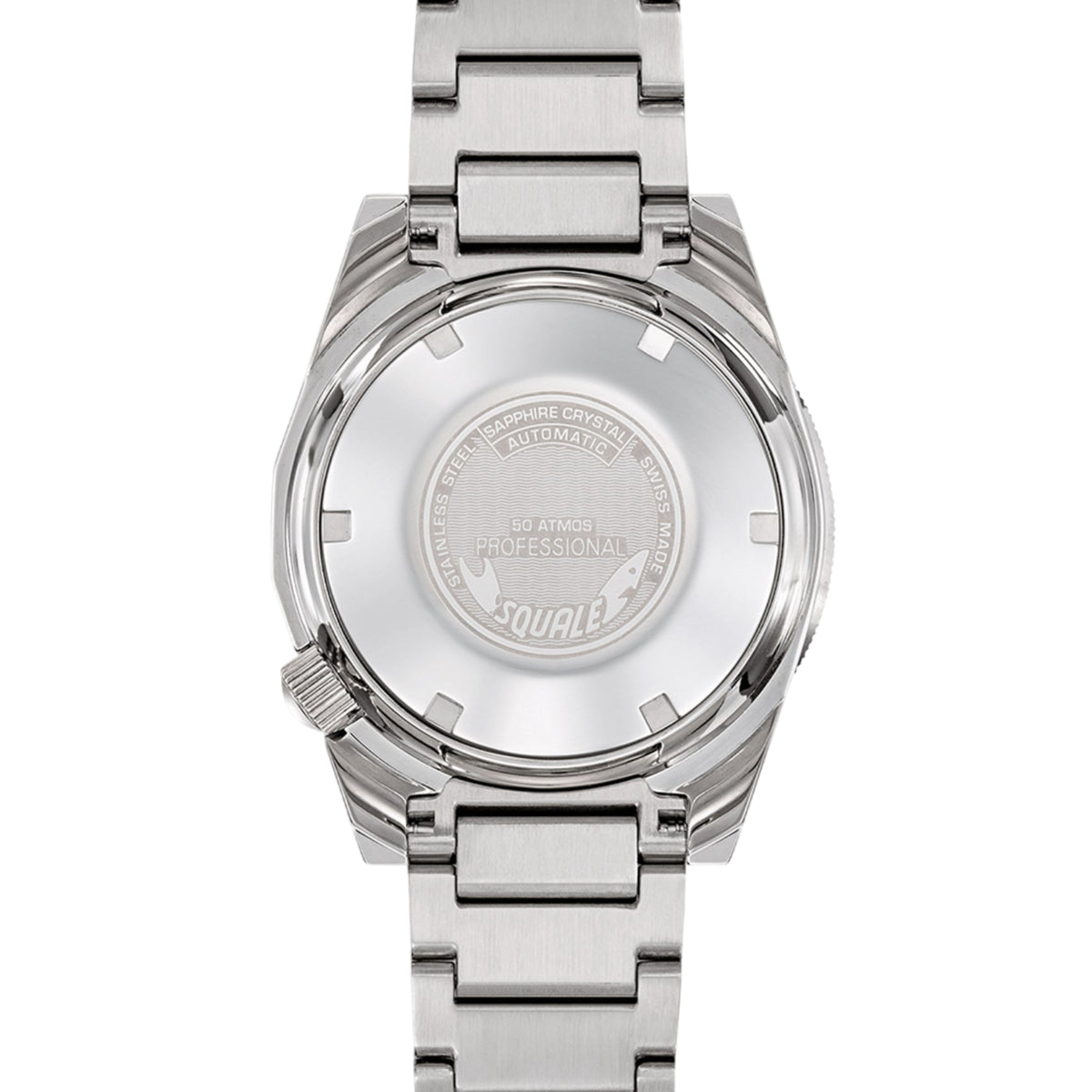 Men's automatic watch case back, polished steel cover with engraved professional details