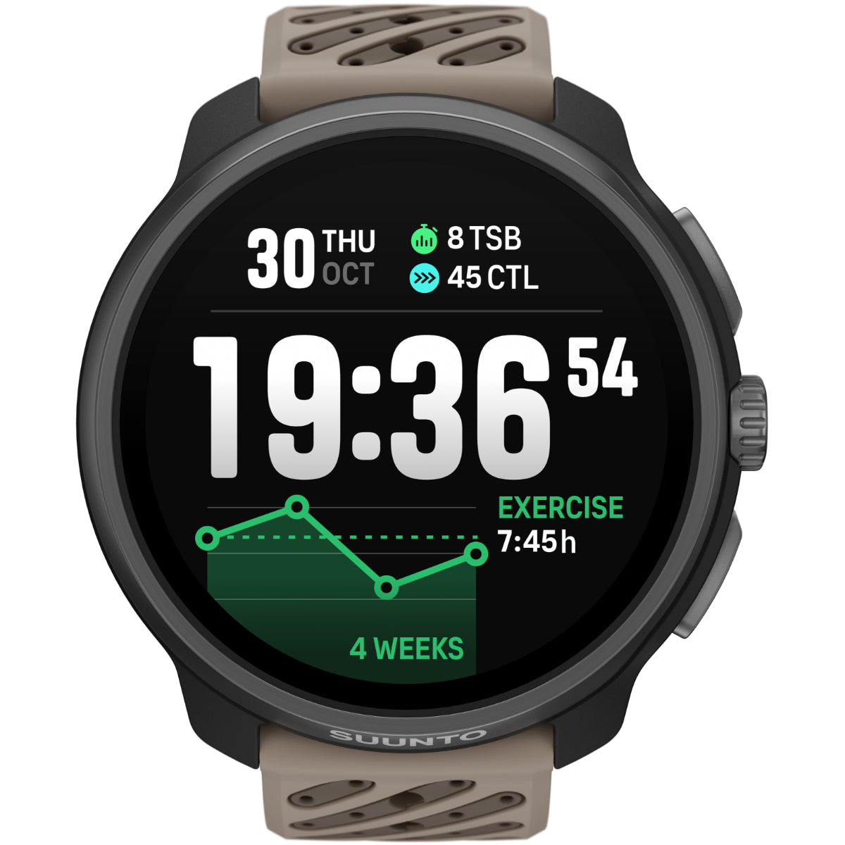 Suunto Race 2 SS051203000 titanium trail fitness watch straight-on view highlighting dark digital dial showing exercise tracking data and brown silicone strap