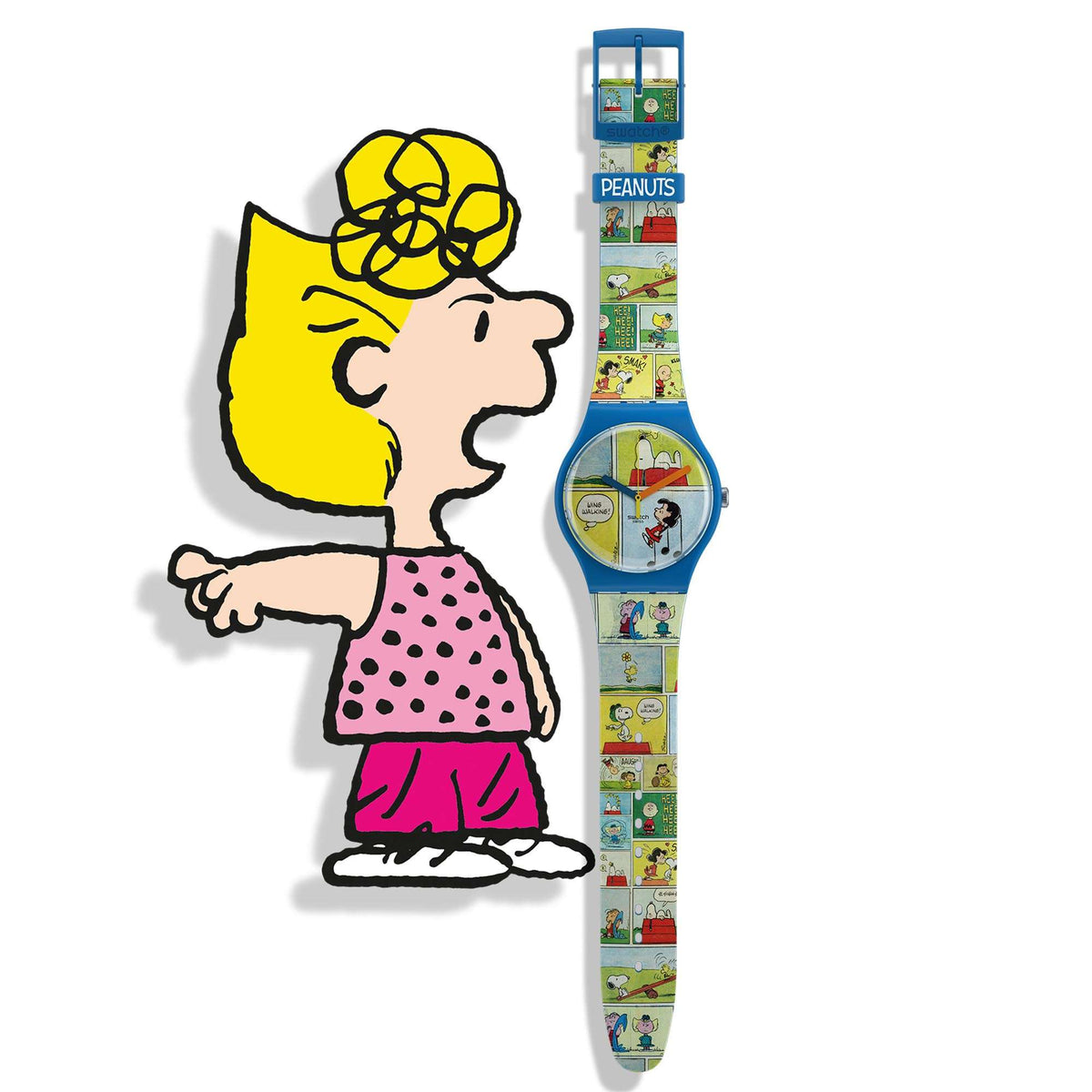 Blue Snoopy print silicone strap watch shown with full strap layout
