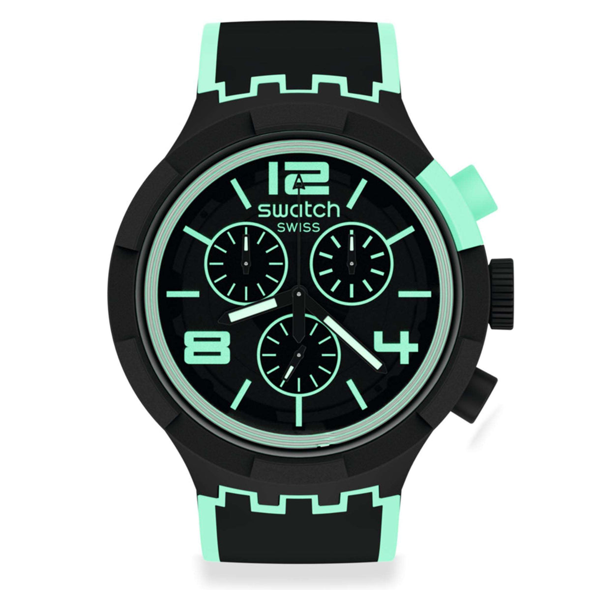 Men's black silicone chronograph watch with aqua-accent black dial and three subdials