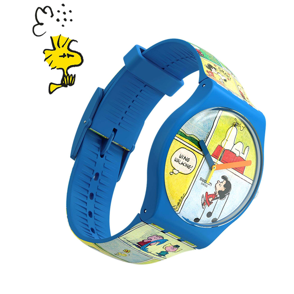 Blue silicone strap wristwatch with Snoopy comic-style face and multicolor graphics