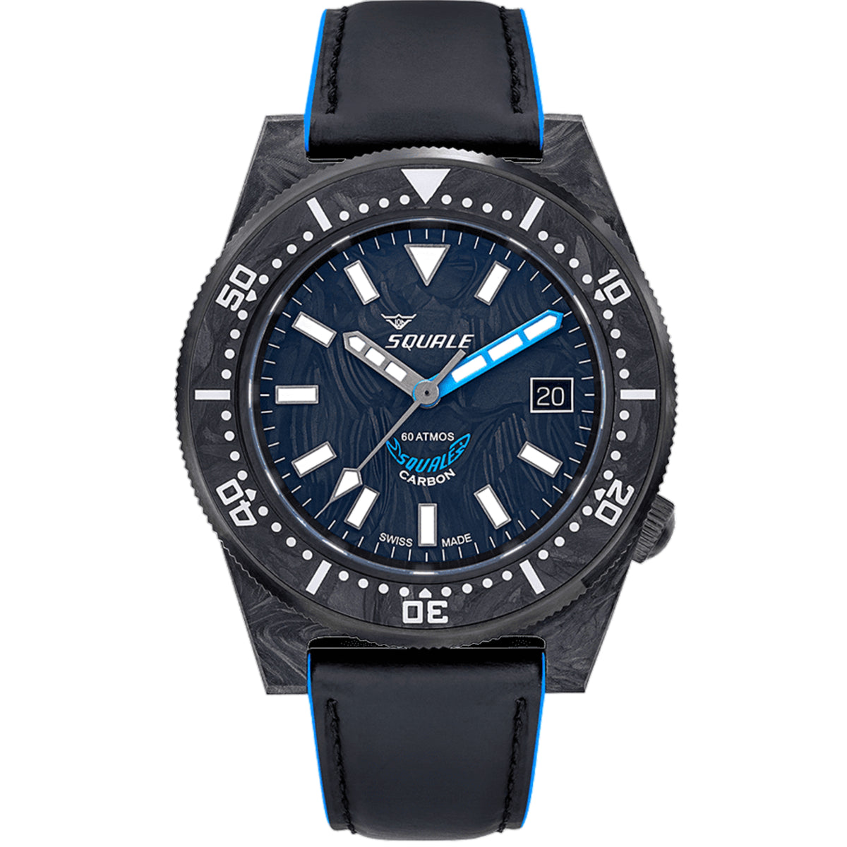 Men's forged carbon blue automatic watch with black leather strap and blue carbon dial