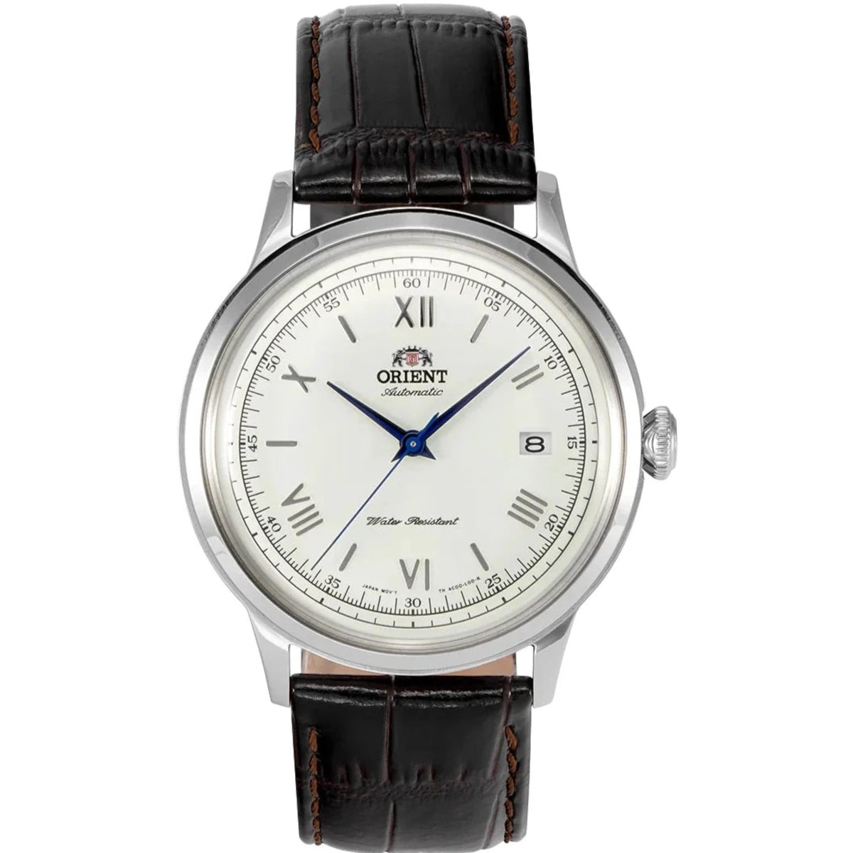 Orient Bambino TAC00009W0 classic dress watch with a white dial, metallic blue hands, and dark brown leather strap