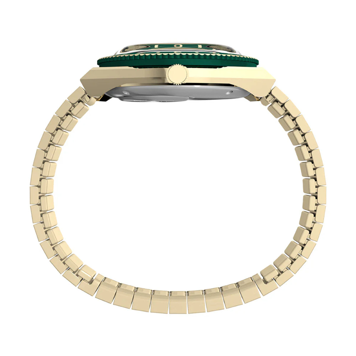 Gold-tone metal watch bracelet links with clasp and case edge visible