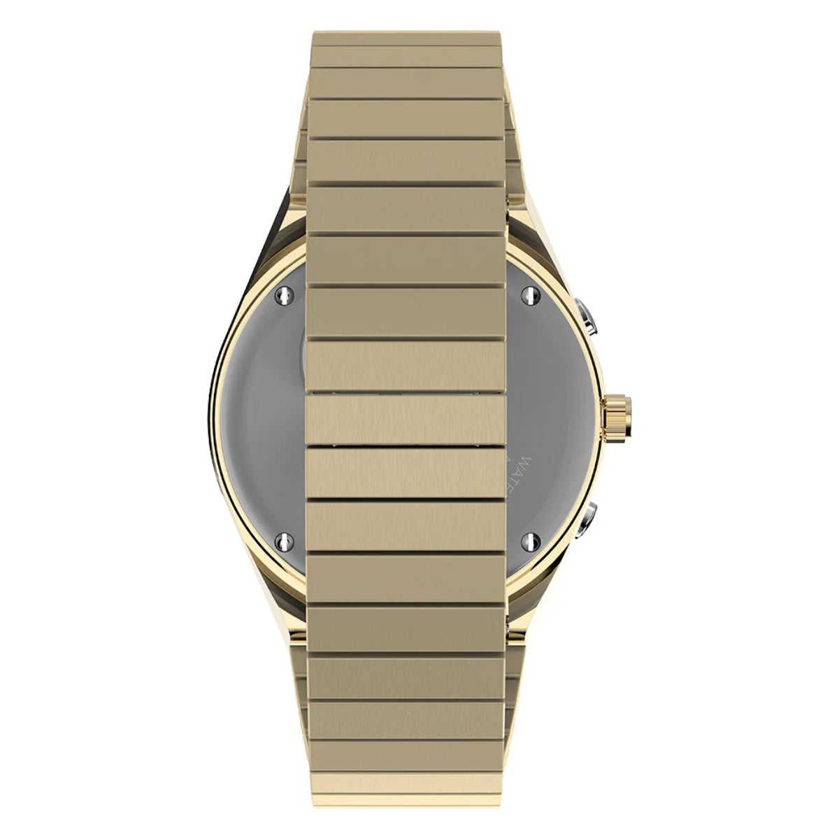 Gold-tone steel watch with ridged bezel and crown, front view