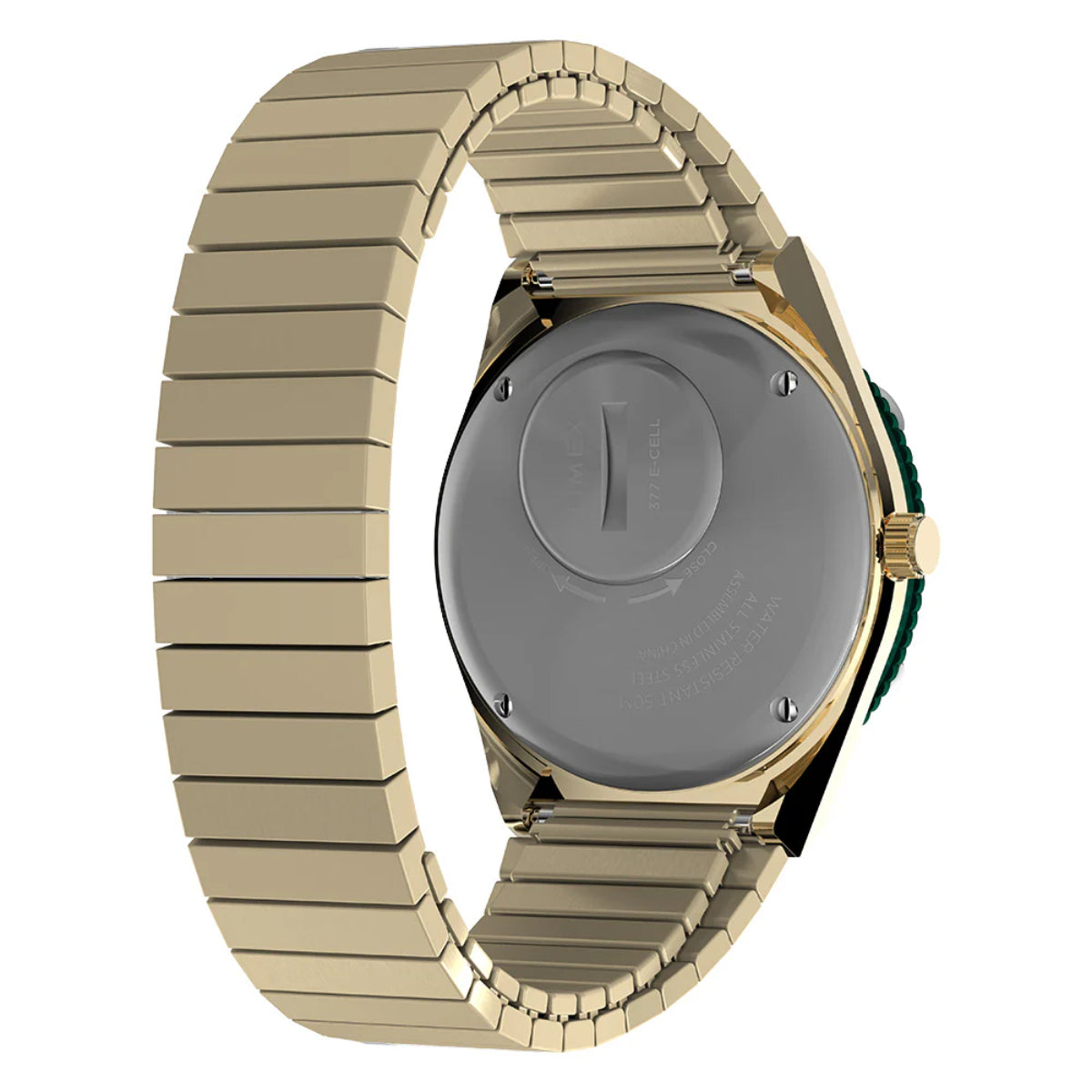 Gold-tone stainless-steel watch with case back and link bracelet, side view