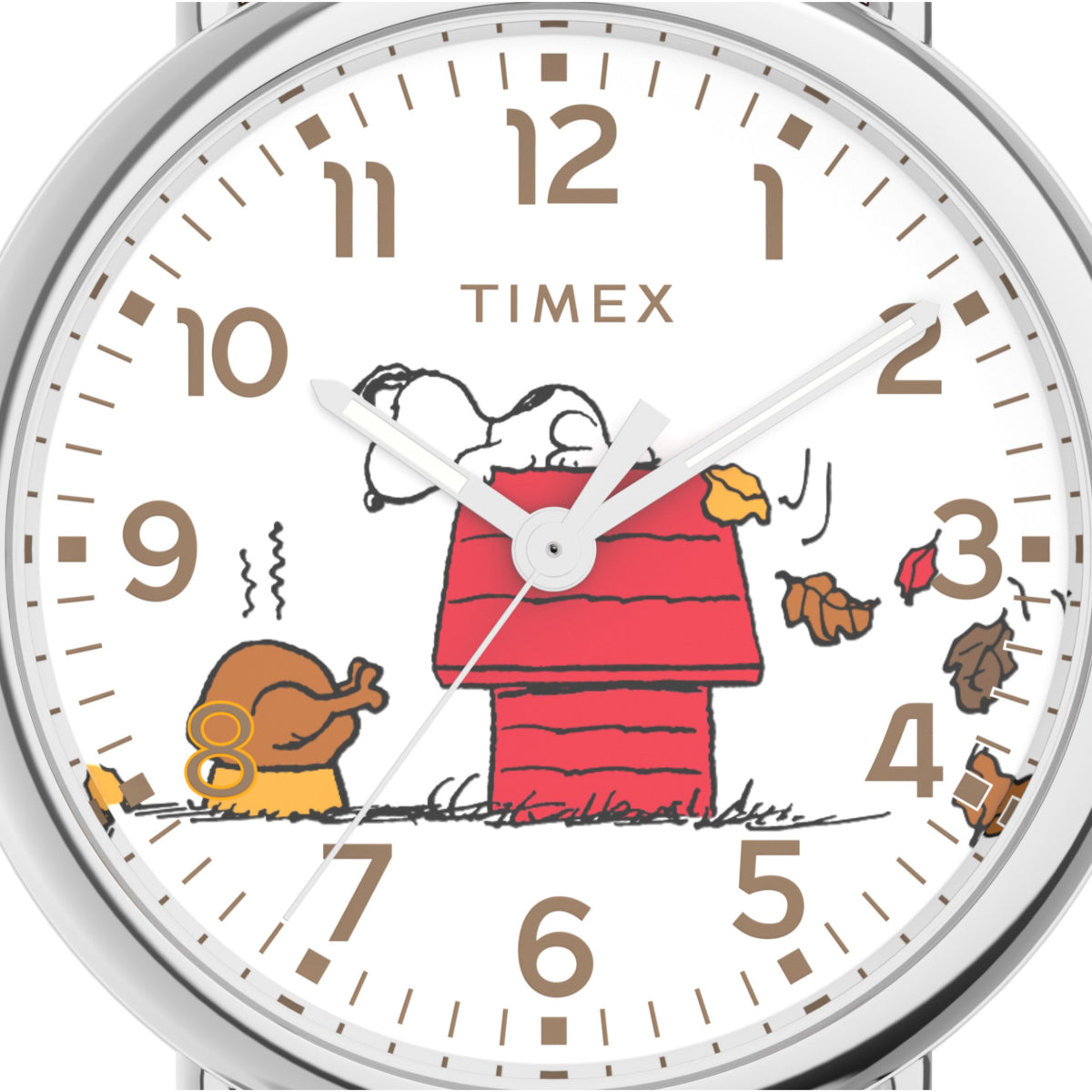 Watch dial with Peanuts character artwork, Timex logo, and gold hour markers