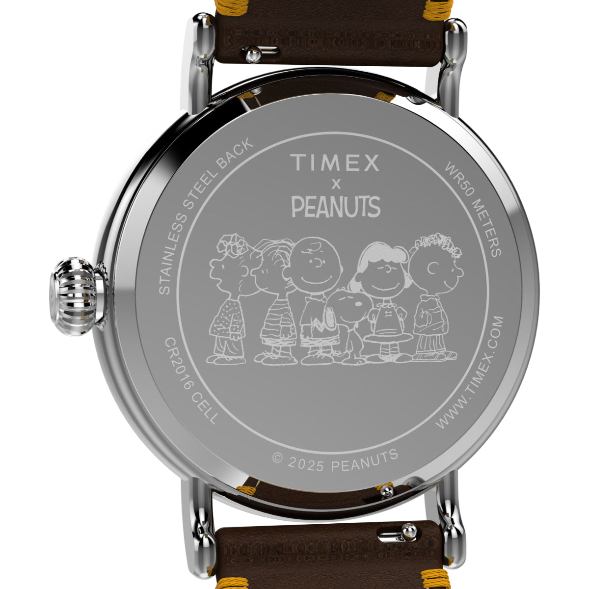 Stainless steel watch case back with Peanuts characters and Timex branding