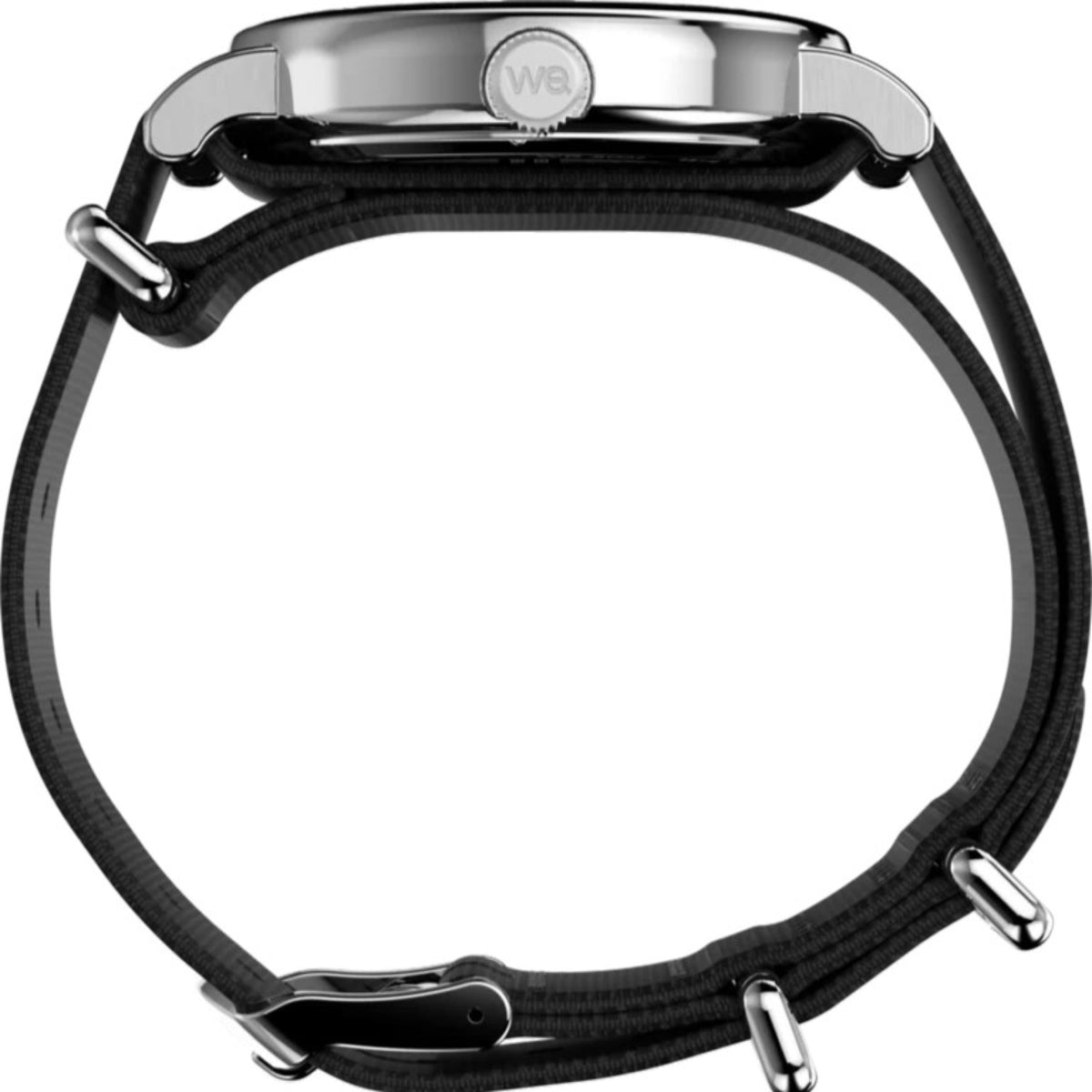 Top view of men’s quartz watch with black fabric strap and silver-tone case