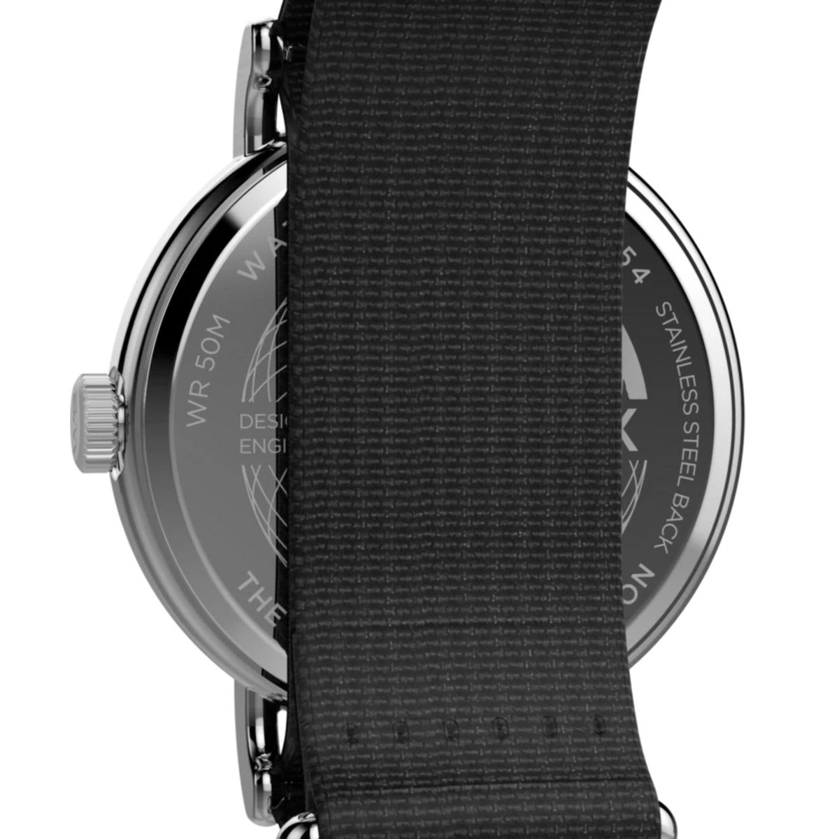 Men's quartz wristwatch side view with black fabric strap and stainless-steel caseback