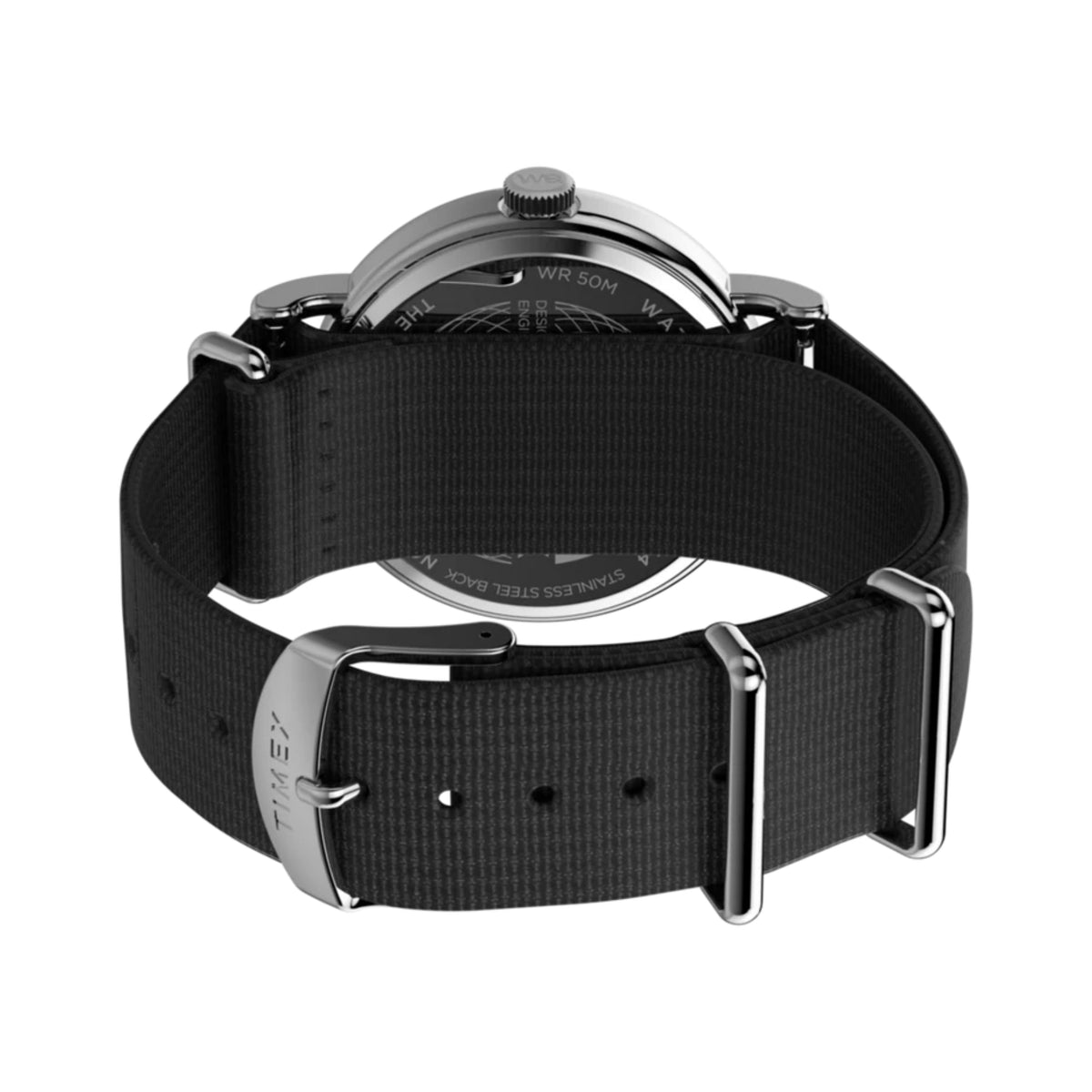 Men’s black fabric strap watch with silver-tone buckle and dark dial