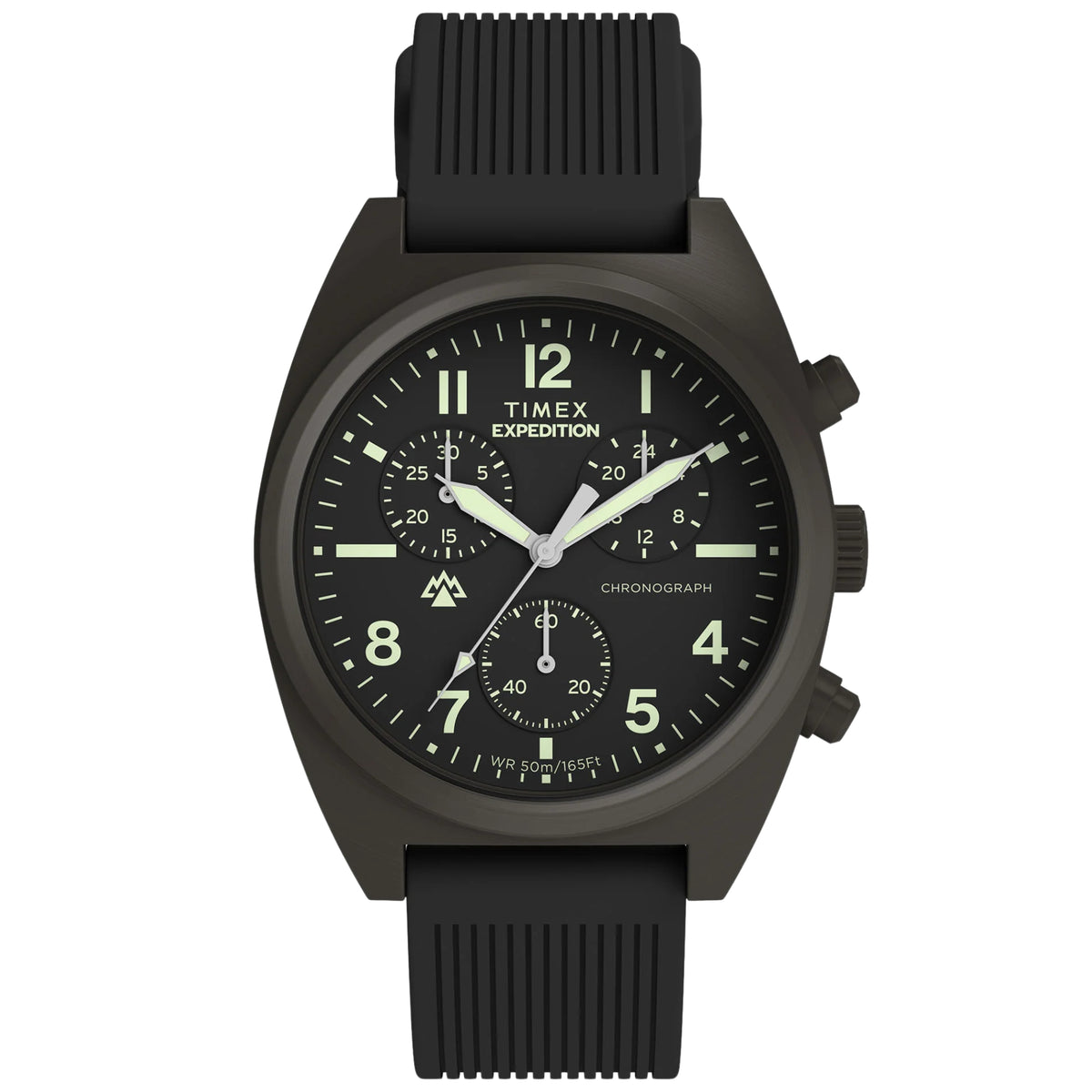 Timex Expedition Capstone TW2Y61000 front view displaying black dial with chronograph sub-dials, luminous hands, and ribbed silicone strap