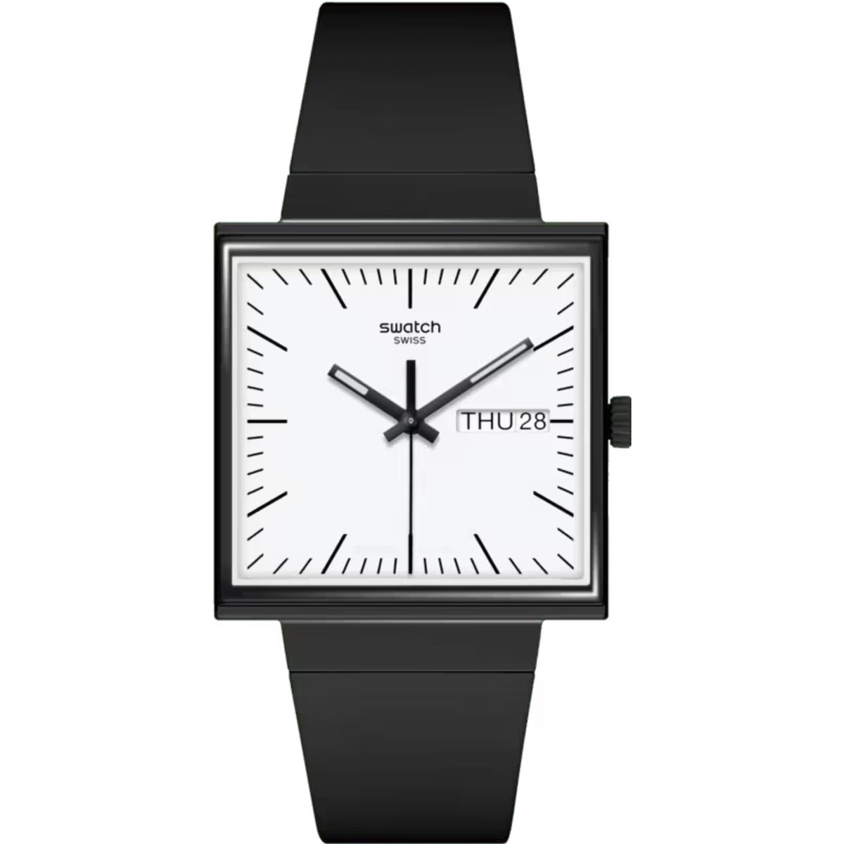 Square black case watch with white dial, black hands, date window, silicone strap
