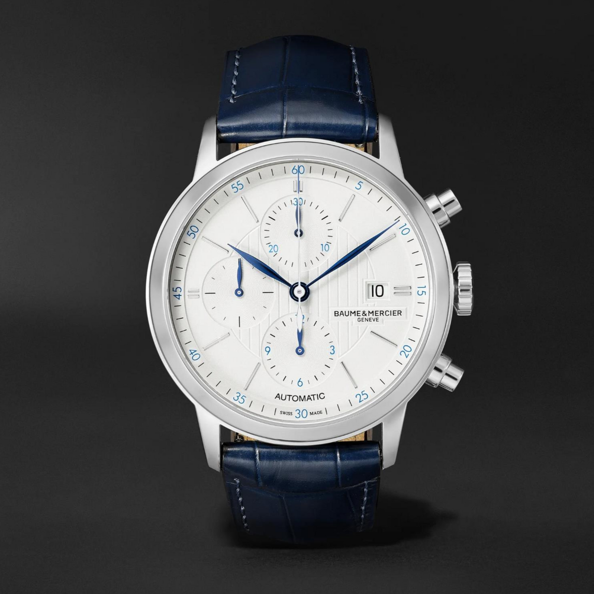 Baume & Mercier Classima automatic chronograph watch with silver case, white dial, blue accents