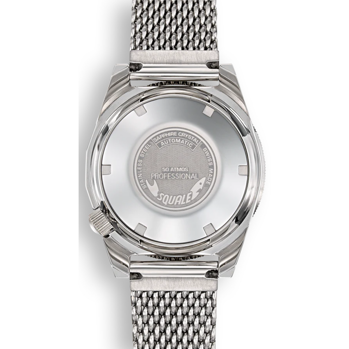 Men's automatic watch back with engraved text, silver mesh strap