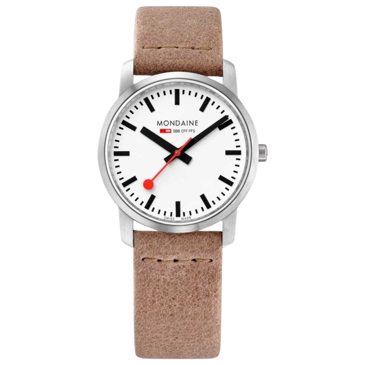 White dial quartz watch with brown leather strap, silver case, red seconds hand