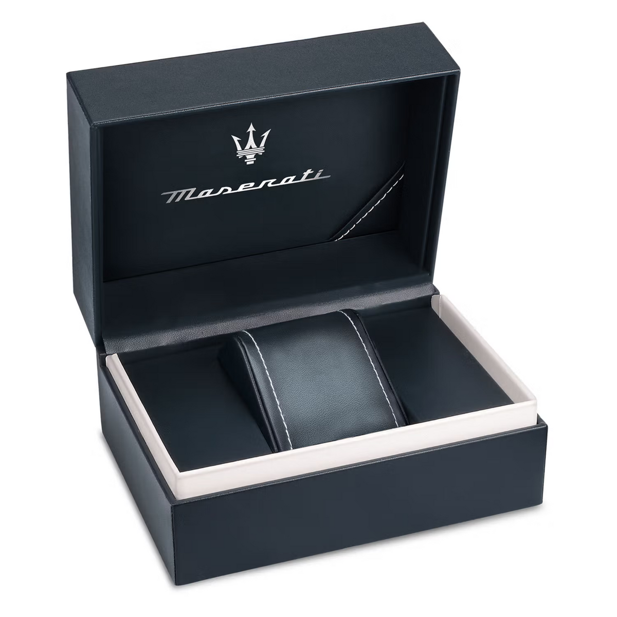 Maserati watch presentation box with open compartment and logo for a steel bracelet watch