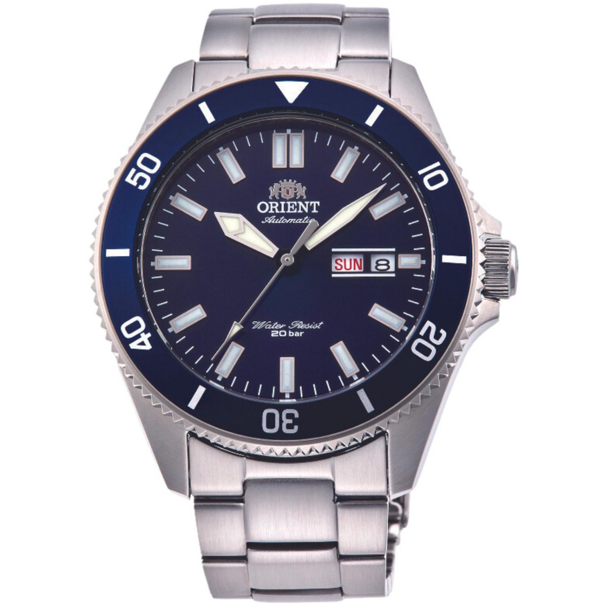 Men's stainless steel automatic wristwatch with blue dial, date window, rotating bezel