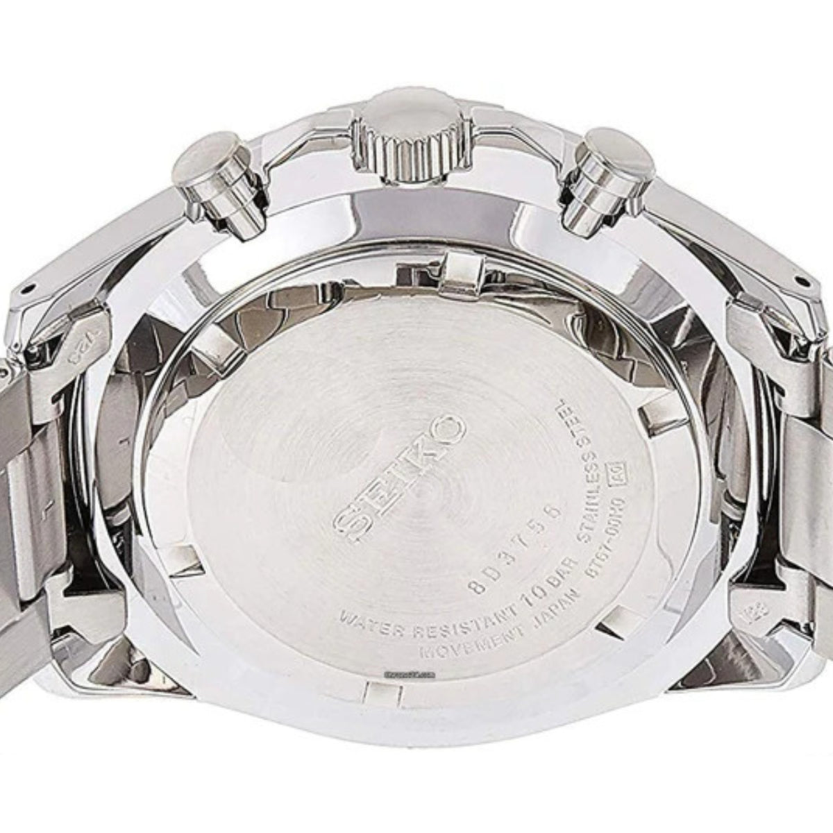 Seiko Essentials watch SSB379P with stainless steel case back on a white background