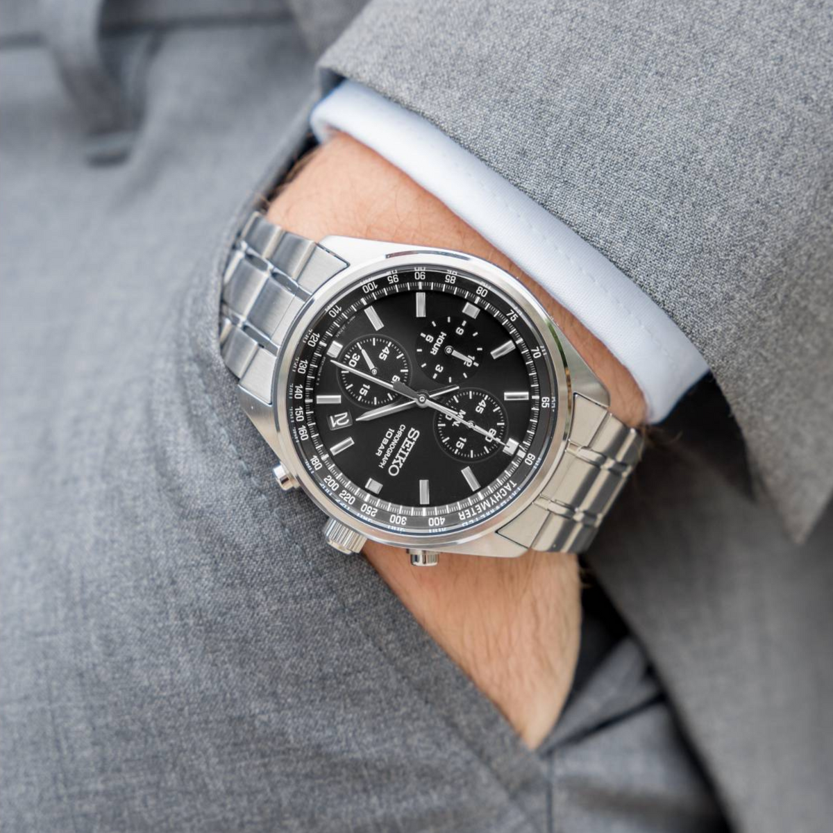 Seiko Essentials SSB379P1 watch with black face on wrist