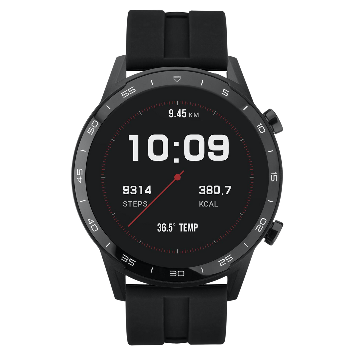 Sekonda smart watch with black silicone strap, round display showing 10:09 and steps