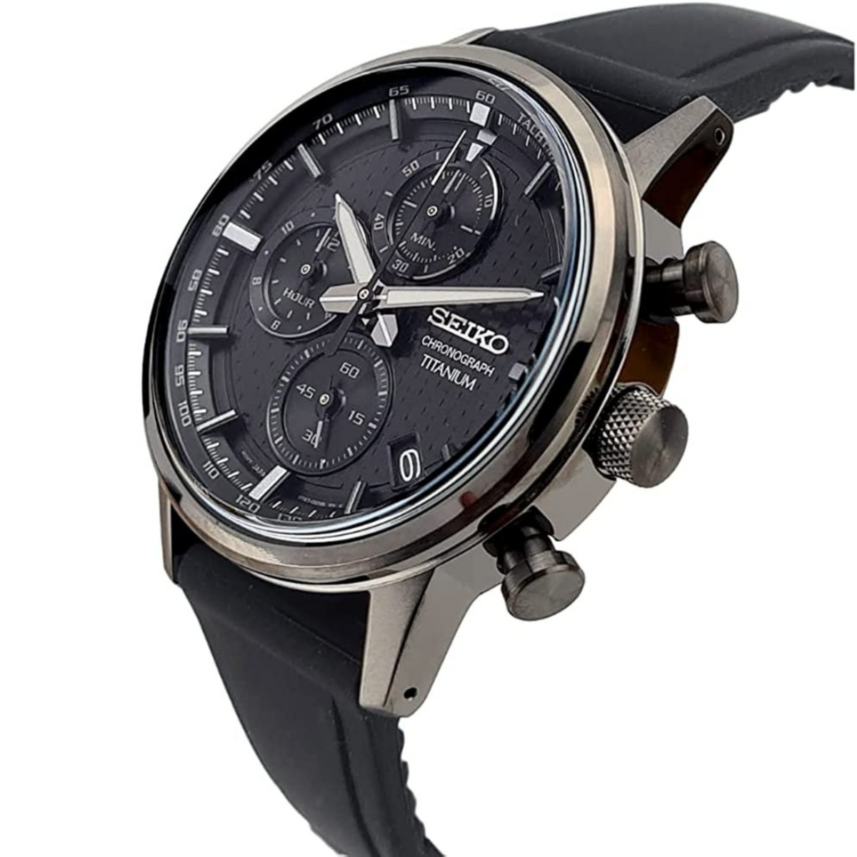 Seiko Essentials SSB393P1 mens quartz timepiece positioned at an angle, highlighting the case and pushers