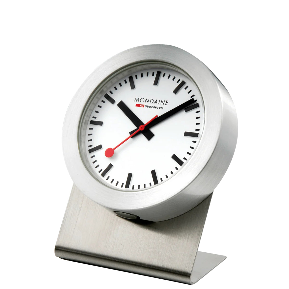 Mondaine Magnet Clock A660.30318.81SBB rested on a silver metal desk stand