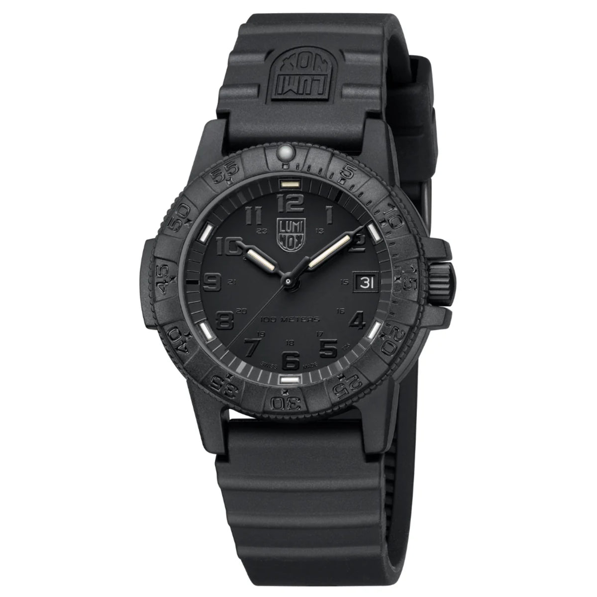 Three-quarter studio view highlighting the CARBONOX case and bezel on the Luminox Leatherback Sea Turtle XS.0301.BO.L quartz watch