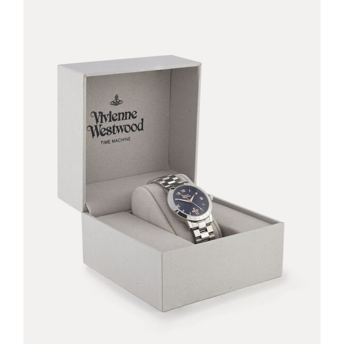 Women's steel strap watch in open box with blue dial and Roman numeral markers