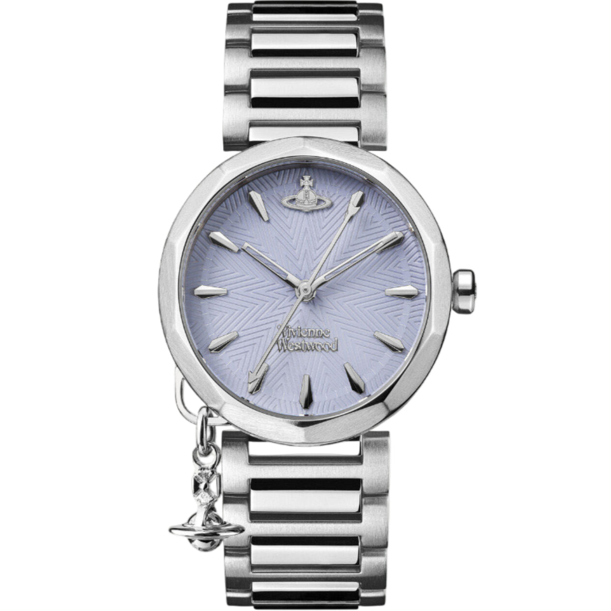 Vivienne Westwood Poplar quartz watch with blue dial and stainless steel bracelet.