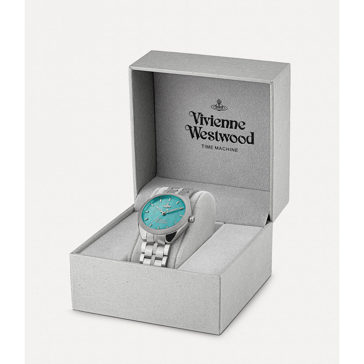 Vivienne Westwood stainless steel bracelet watch with turquoise dial, in a gift box