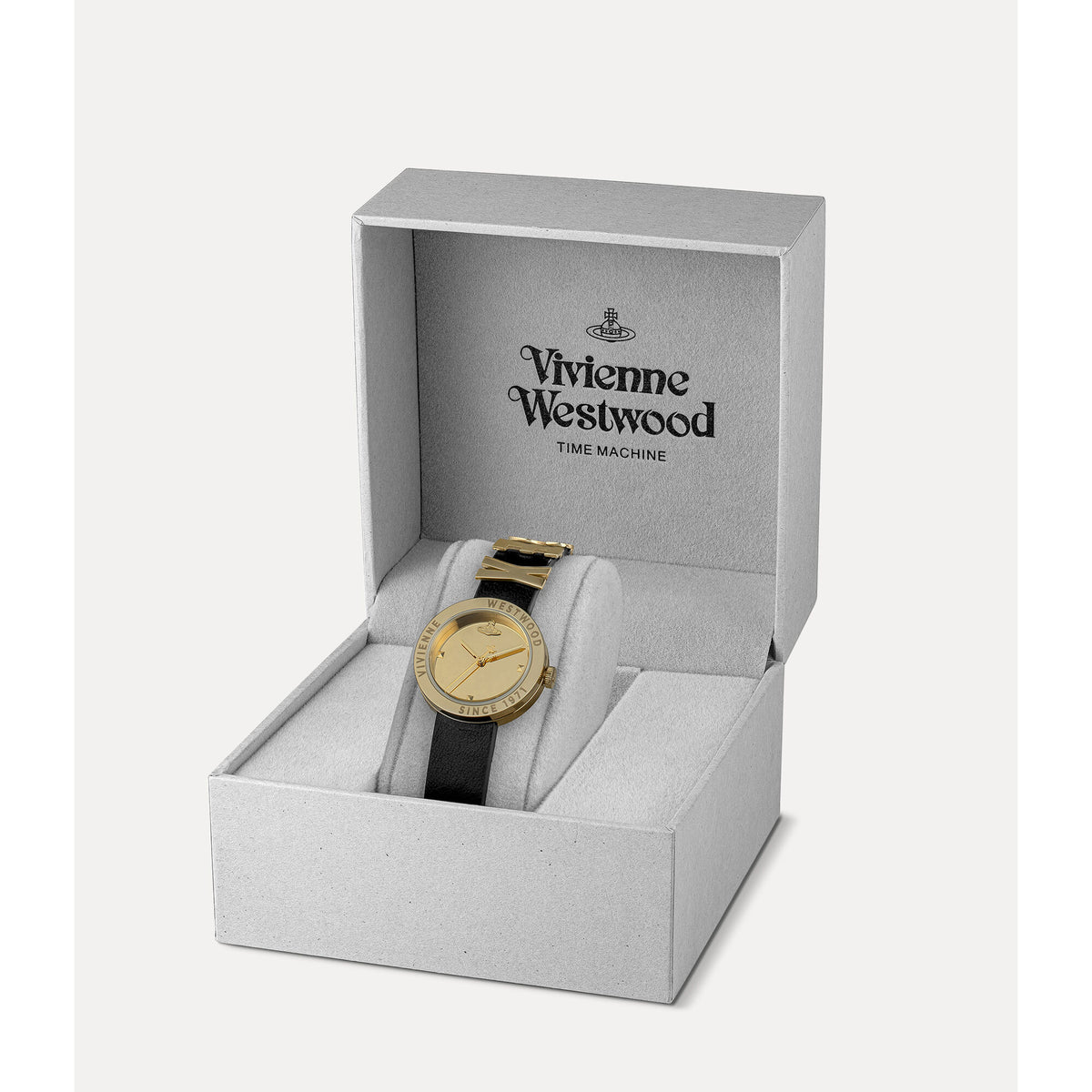 Vivienne Westwood VV303BKGD gold dial watch displayed inside a grey presentation box