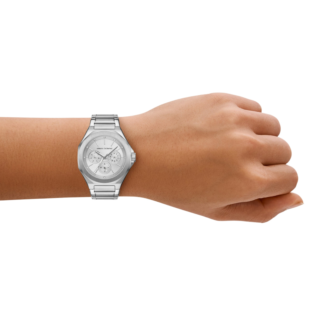 Ladies chronograph wristwatch with silver dial and stainless steel bracelet