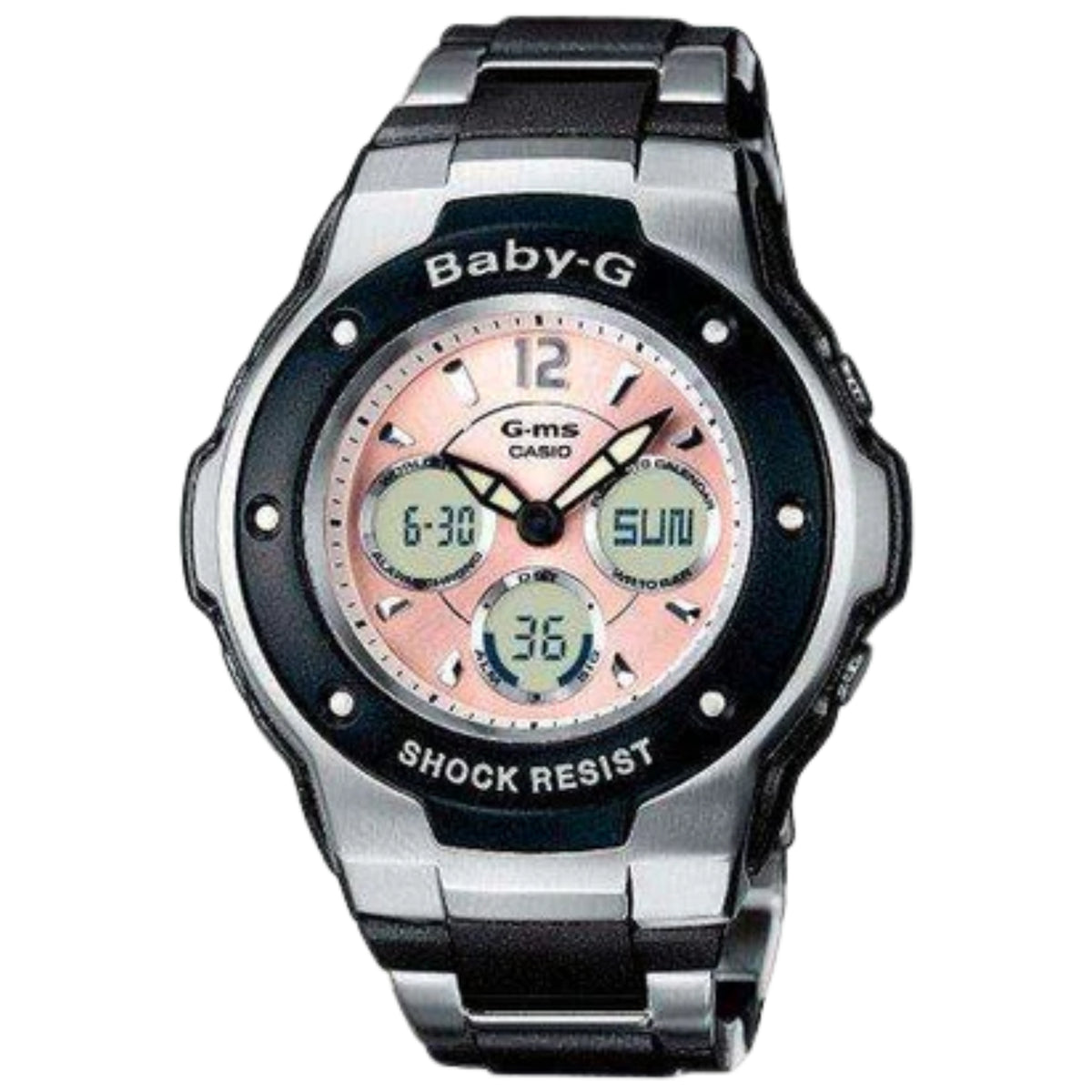 Baby-G women's wristwatch front view, black case, steel bracelet, pink multi-dial face