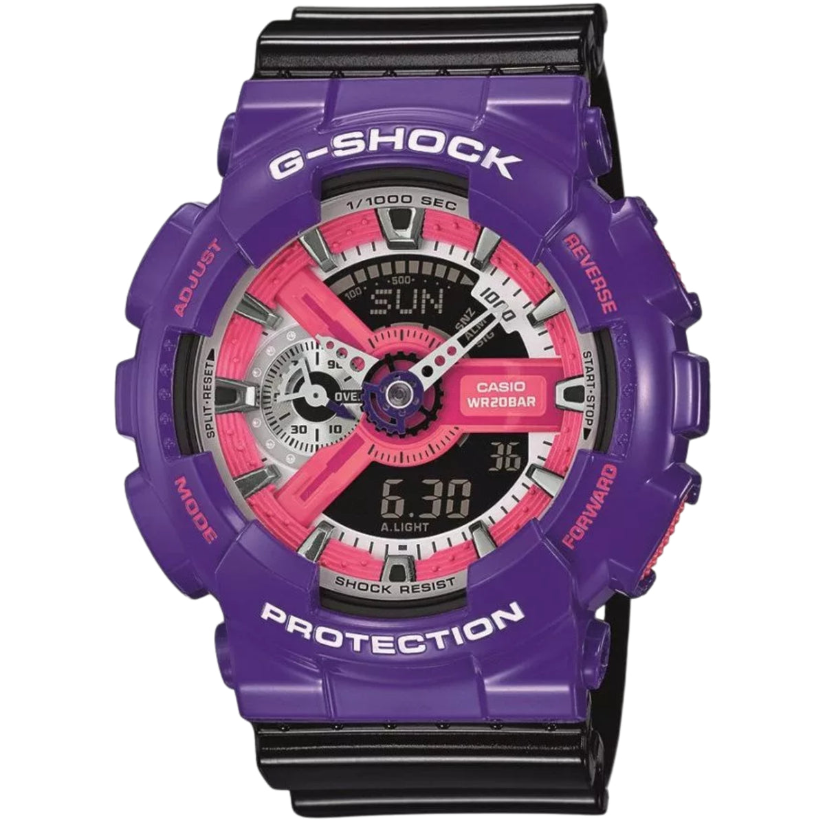 Men's Casio G-Shock resin watch with purple strap, black bezel, pink dial accents