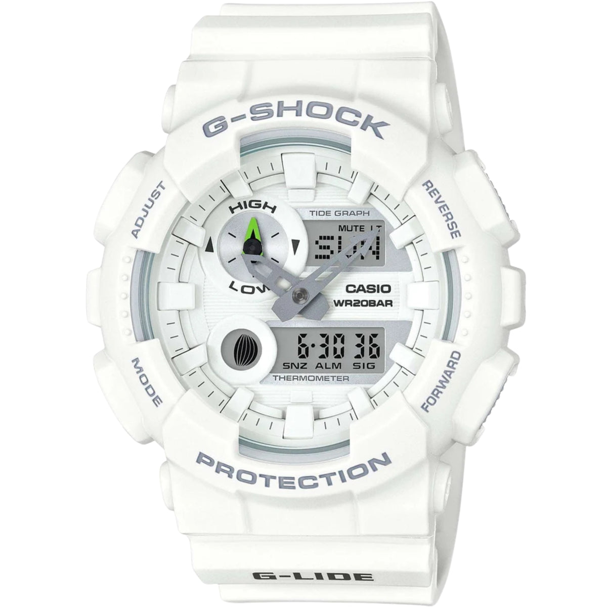 Men's white Casio G-Shock alarm chronograph wristwatch with analog-digital dial