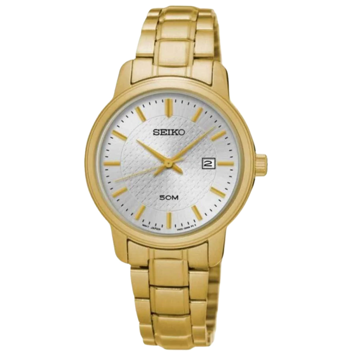 Gold-tone ladies dress watch with white dial and gold bracelet