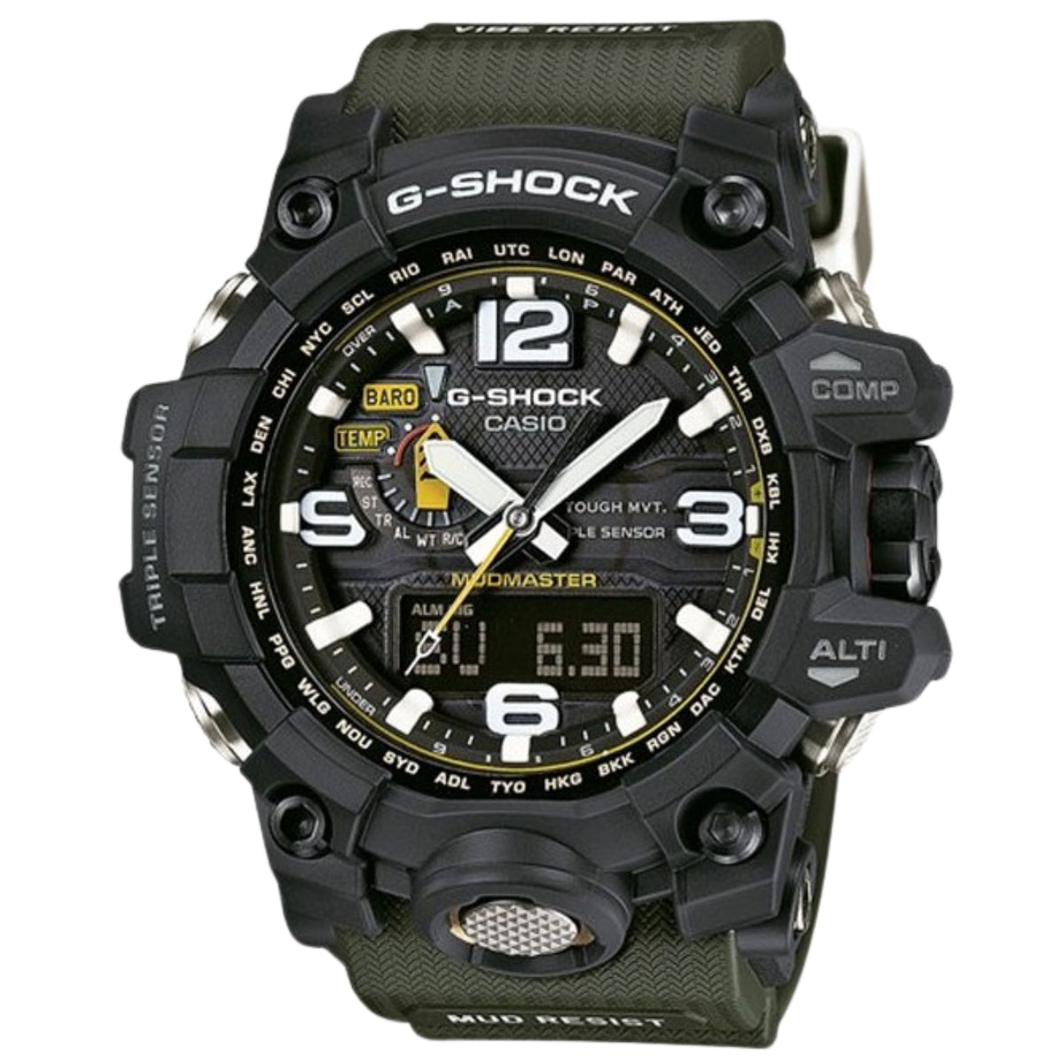 Mudmaster solar watch in black with green resin strap, rugged bezel, large digital display