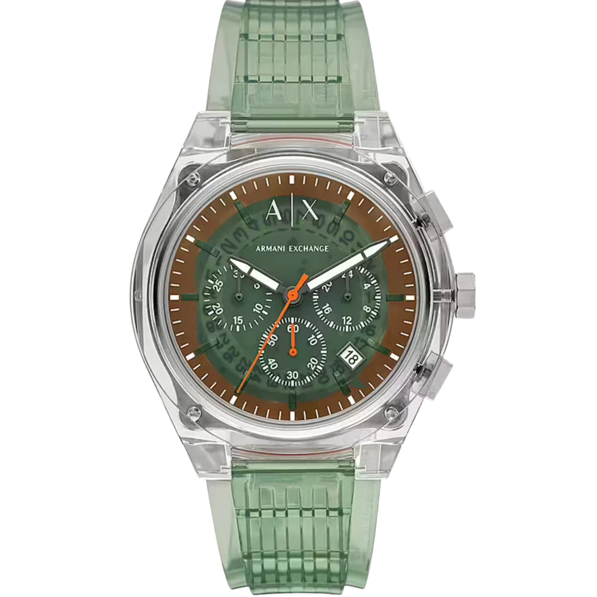 Men's chronograph quartz watch, green dial with orange ring, clear green polyurethane strap