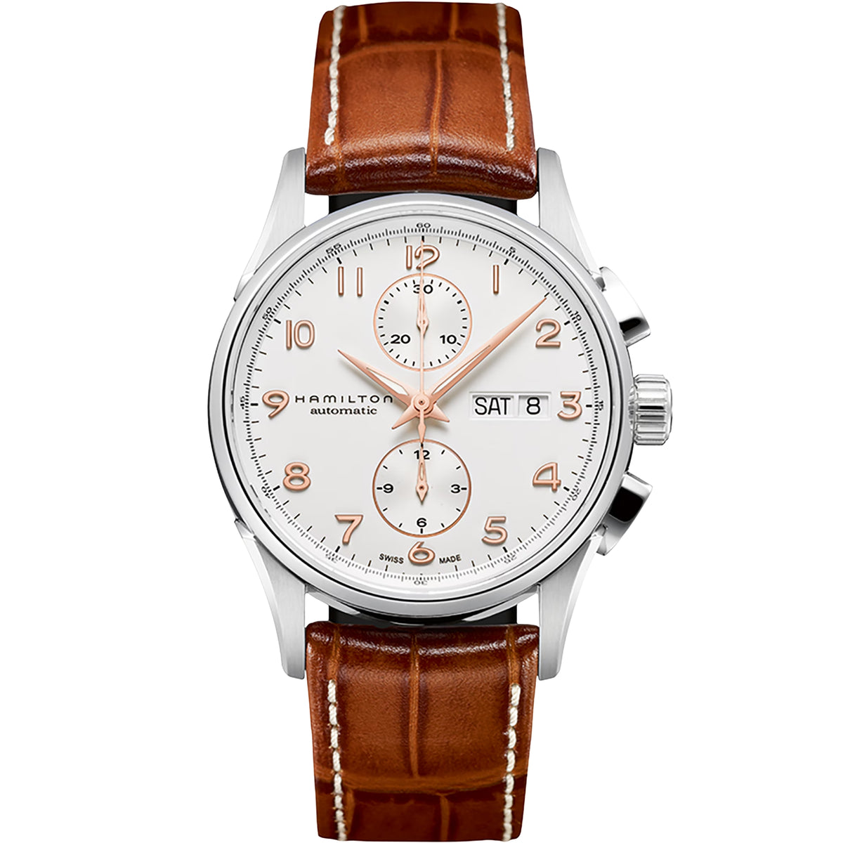 Hamilton men's automatic chronograph watch with white dial, brown leather strap, date display