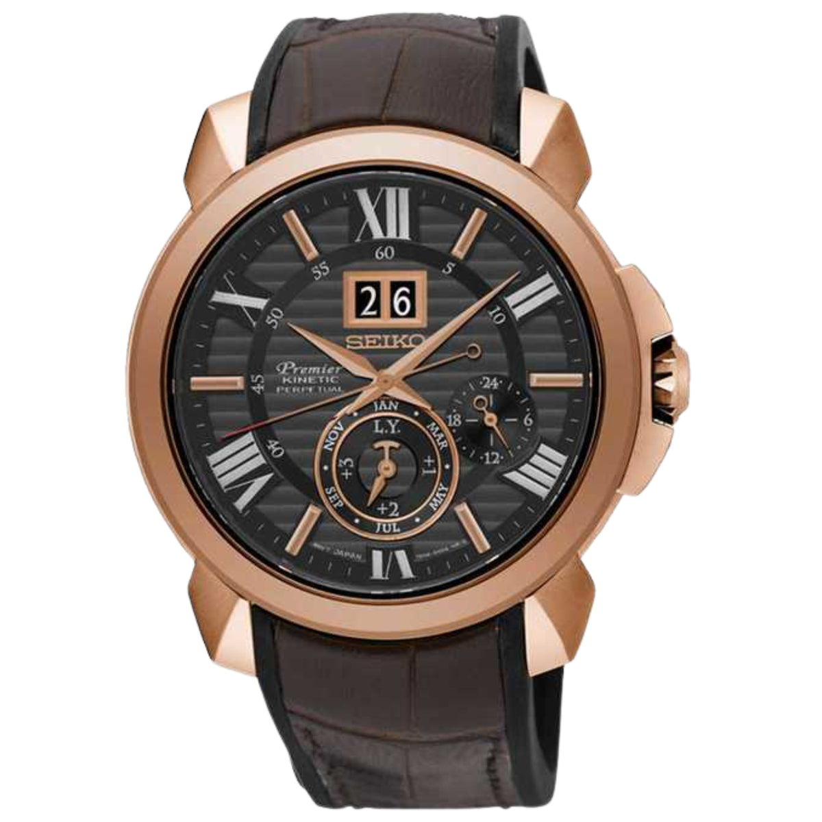 Men's rose-gold wrist watch with black dial and brown leather strap, subdials visible