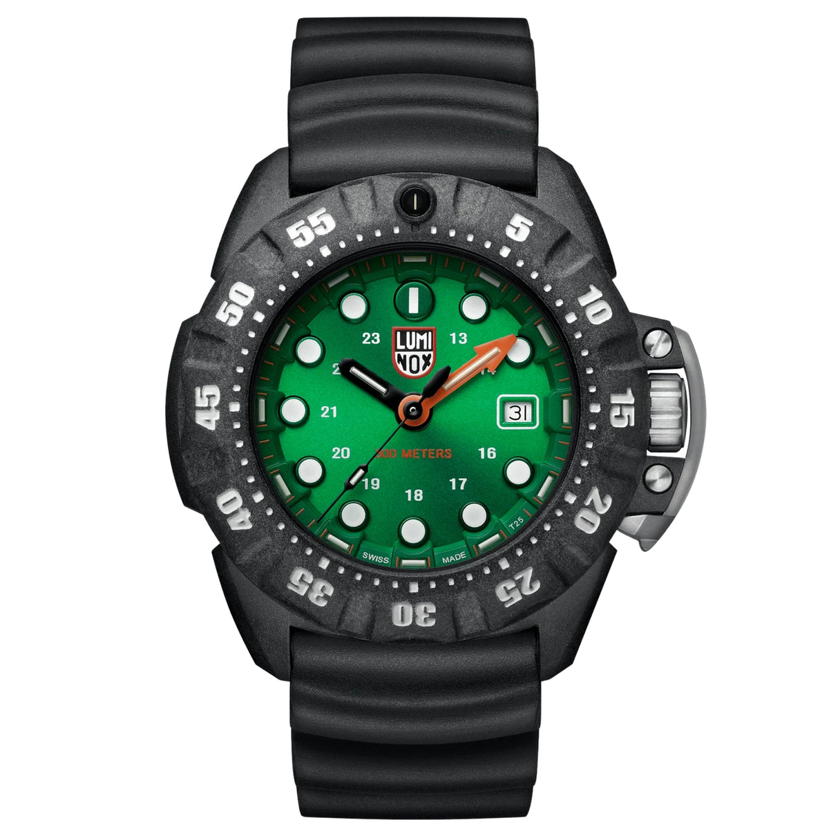 Luminox men's 45mm quartz diver watch with black bezel, green dial, black rubber strap