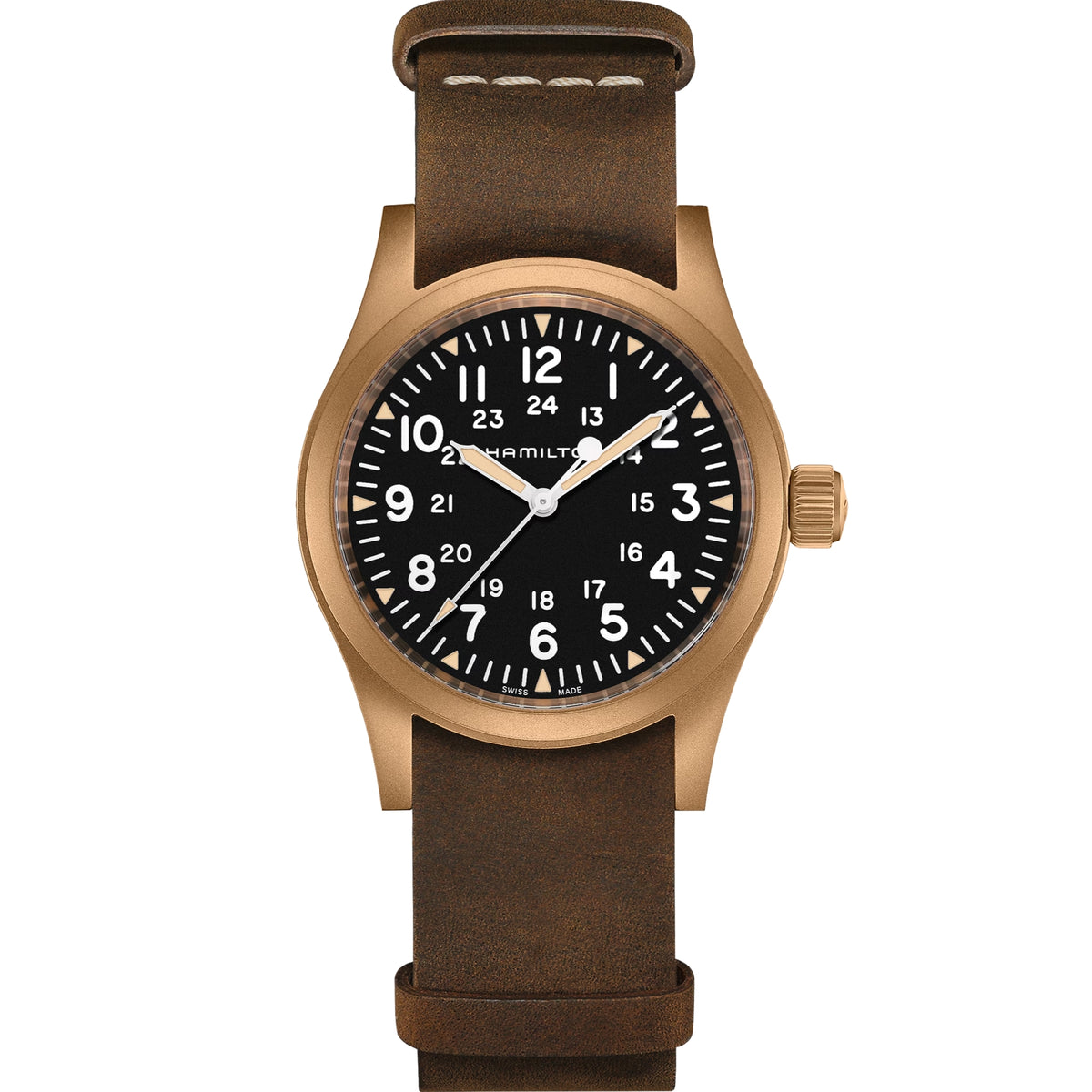 Hamilton Khaki Field H69459530 mens 38mm mechanical watch front view displaying black dial, bronze case, and brown leather strap